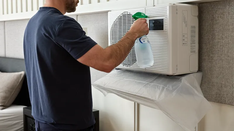 Routine maintenance on a split AC indoor unit with coil spray